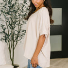 Counter Part Crinkle Woven V-Neck Top in Sand Beige