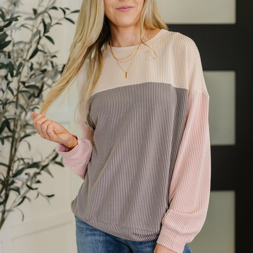 Dual Tones Cable Ribbed Knit Sweater