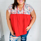 Red Boho Print Tie Neck Dolman Top