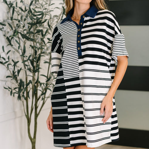 Everlasting Love Striped Collared Dress in Black and Navy