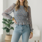 I've Got the Blues Floral Smocked Blouse