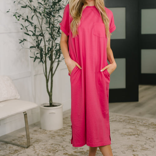 Fix You Right Up Short Sleeve Midi Dress in Hot Pink