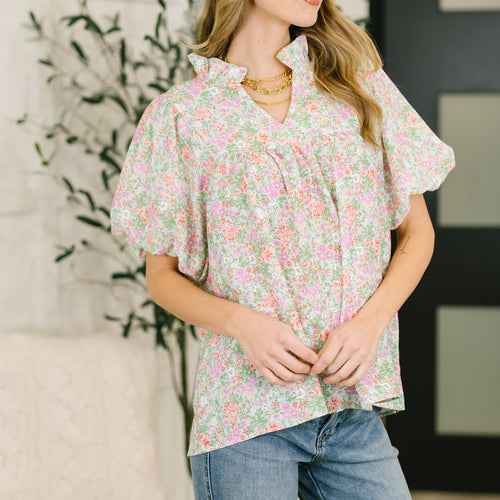 Flower Picking Notch Neck Blouse