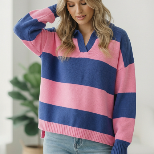 I'll Be On The Sidelines Blue and Pink Sweater