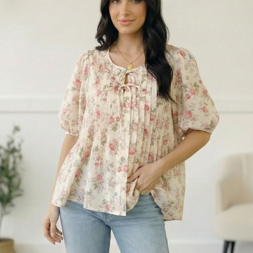 With a Rosy Glow Cream Pleated Top