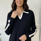 Varsity Vibes Notched Collar Black Top