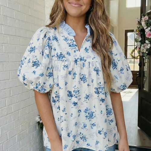 Sweet in Blue Floral Puff Sleeve Babydoll Top