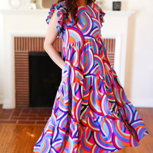 Feel Your Best Purple Abstract Print Smocked Ruffle Sleeve Maxi Dress