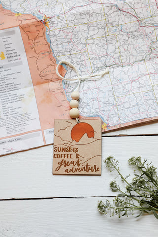 'Sunsets, Coffee and Great Adventure' Car Charm