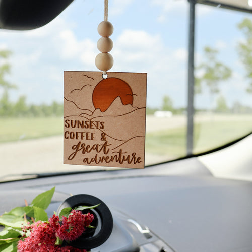 'Sunsets, Coffee and Great Adventure' Car Charm
