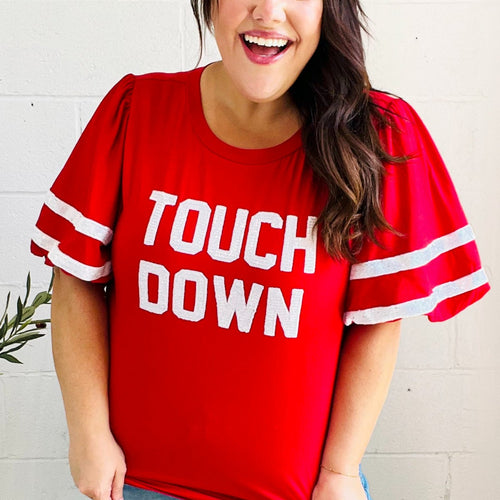 Stand Out Red "TOUCHDOWN" Sequin Bubble Sleeve Game Day Top