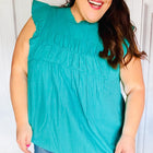 Love Life Cotton Turquoise Frill Mock Neck Flutter Sleeve Top