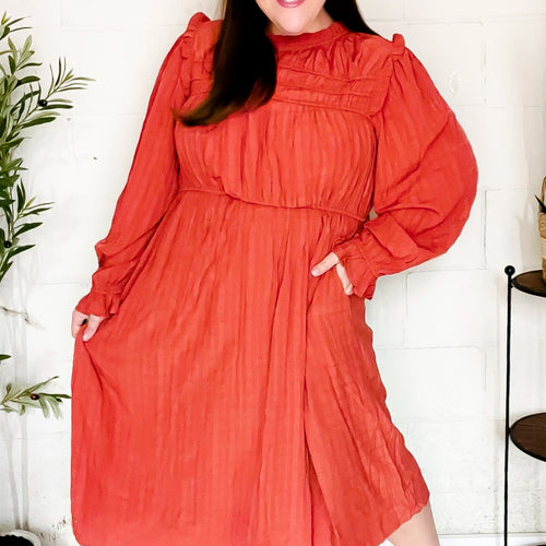 Love Found Rust Mock Neck Embossed Lined Dress