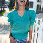 Be Bold Solid Emerald Shirred Puff Sleeve Sweater Top