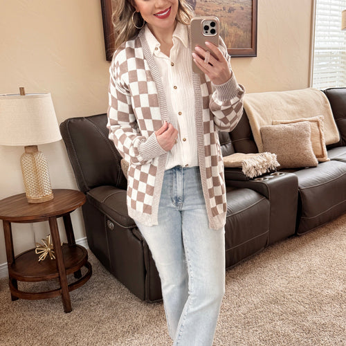 Greige & White Checkered Cardigan