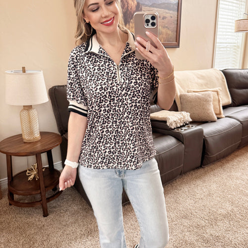 Collared Leopard Top With Zipper