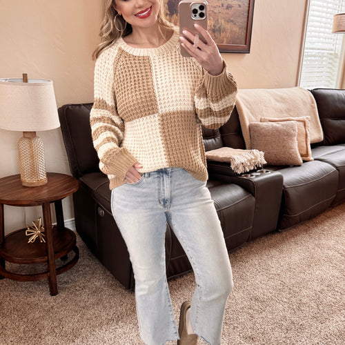 Chunky Color Block Sweater In Tan & Cream
