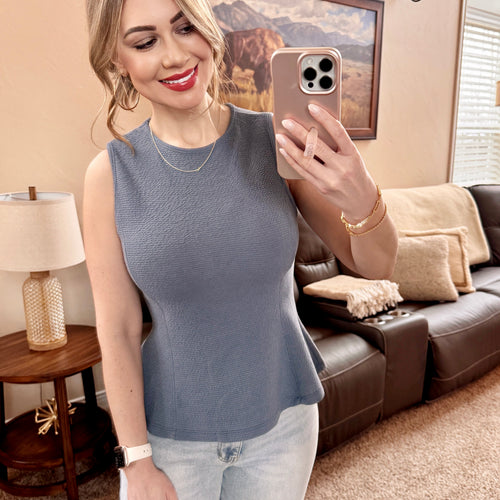 Sleeveless Peplum Knit Top In Denim