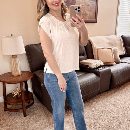 Oatmeal Top With Sleeve Detail & Ruched Front