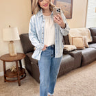 Pin Stripe Denim Shacket In Light Wash & White