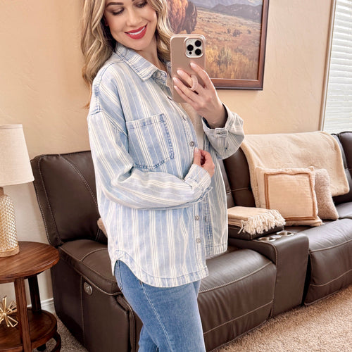Pin Stripe Denim Shacket In Light Wash & White