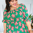 Sumptuous In Smocked Green & Coral Flower Print Babydoll Top