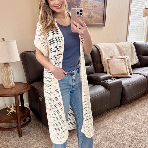 Open Knit Long Cardigan In Cream