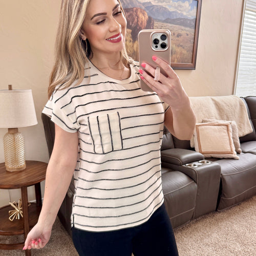 Ivory and Black Striped Ribbon Knit Top