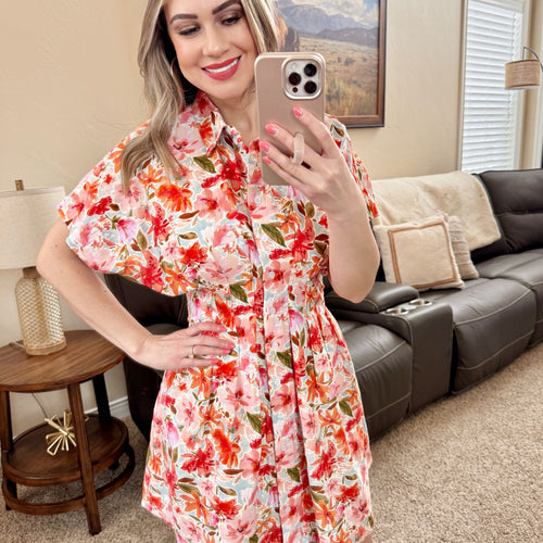 Button Front Pleated Dress in Poppy