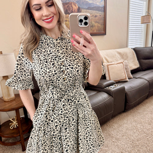 Button Detail Ruffle Leopard Party Dress