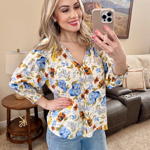 Summer Blue Floral V Neck Blouse