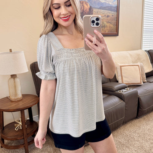Ivory and Black Striped Top with Ruffle Sleeve