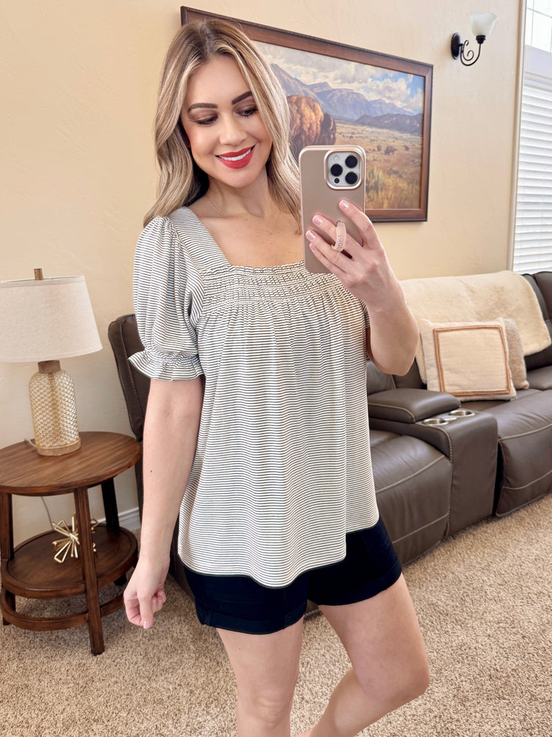 Ivory and Black Striped Top with Ruffle Sleeve