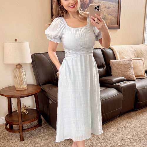 Tie Waist Textured Dress in Powder Blue