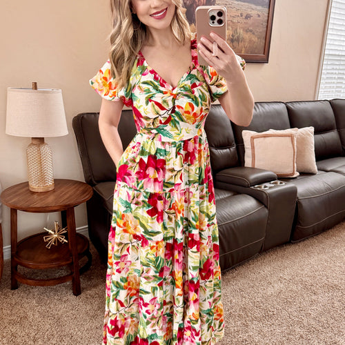 Tropical Floral Tiered Sweetheart Dress
