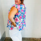 Sky Blue Floral Yoke Flutter Sleeve Keyhole Back Top