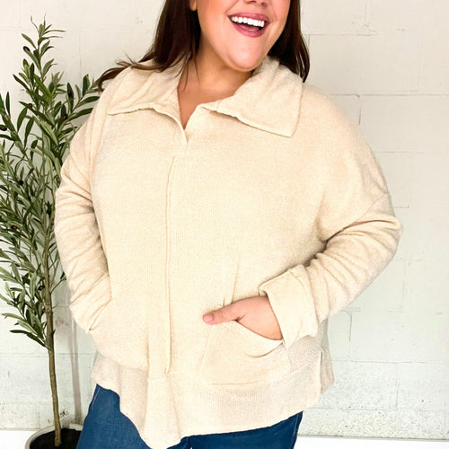 Easy Living Oatmeal Textured Knit Notch Neck Oversized Collar Sweater