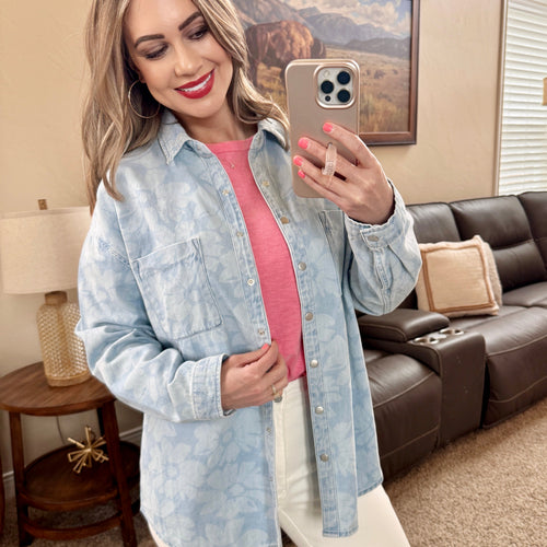 Light Wash Floral Print Risen Shacket