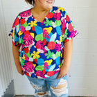 Time For Sun Navy Multicolor Tropical Print V Neck Top