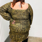 Dazzling Black Gold Foiled Smocked Fit & Flare Dress