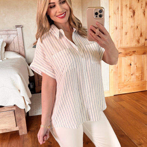Blue Striped Dolman Sleeve Button Up Top