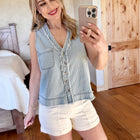 Pinstripe Denim V Neck Button Sleeveless Top