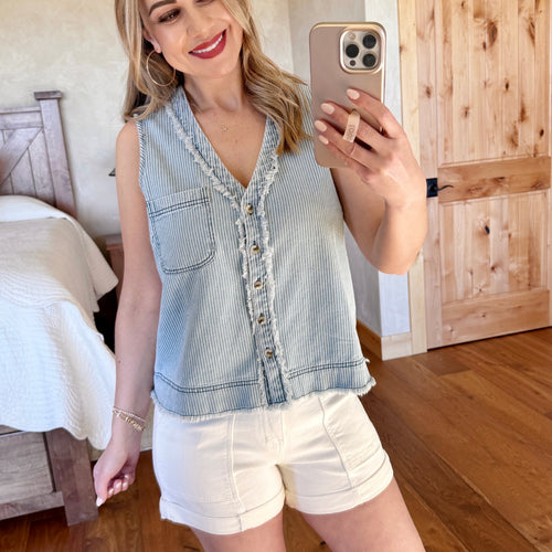 Pinstripe Denim V Neck Button Sleeveless Top