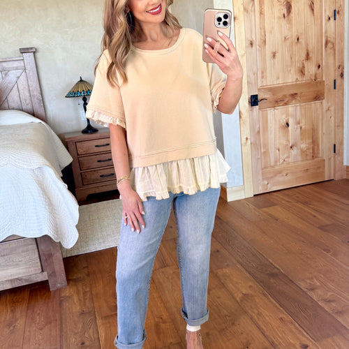 Boho Creamy Taupe Layered Ruffle Short Sleeve Top