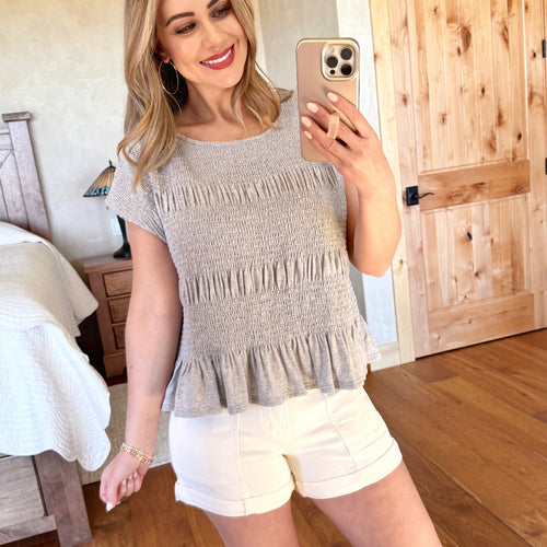 Smocked Ruffle Top In Light Gray
