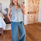 Pinstripe Denim V Neck Button Sleeveless Top