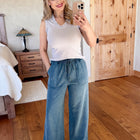 Wide Leg Mineral Wash Pants In Denim Blue