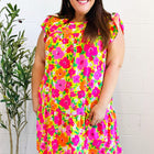 Be Charming Lime & Pink Floral Print Tiered Ruffle Sleeve Dress