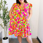 Be Charming Lime & Pink Floral Print Tiered Ruffle Sleeve Dress