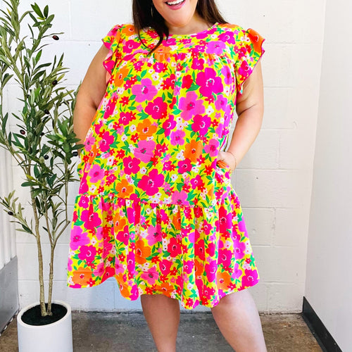 Be Charming Lime & Pink Floral Print Tiered Ruffle Sleeve Dress
